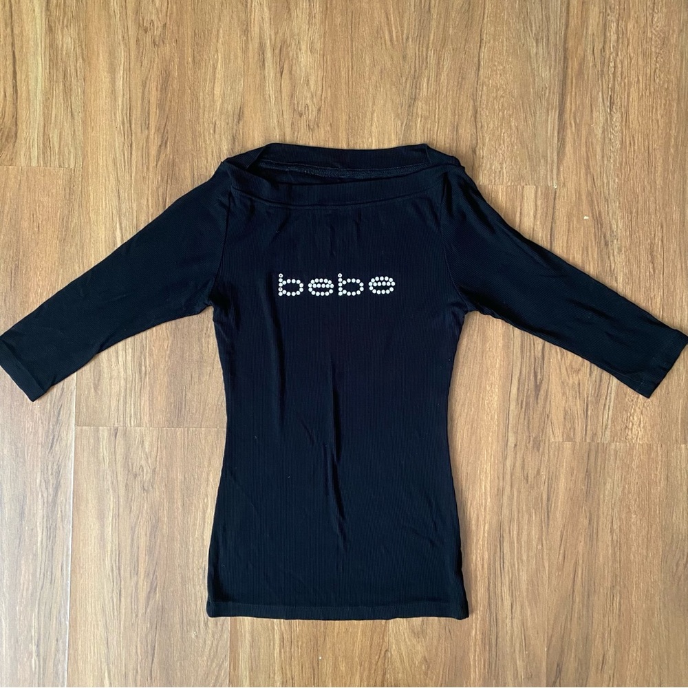 Bebe 3/4 Sleeve Black Dress rhinestone Logo Top